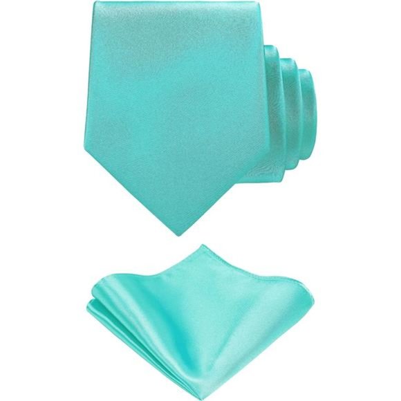 TIE Solid Satin Color Formal Necktie and Pocket Square Sets in Gift Box Teal - Picture 1 of 6